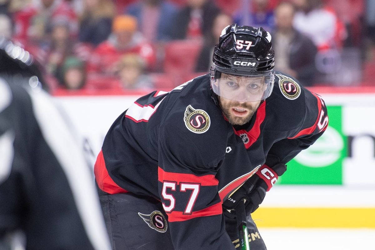 Jan 1, 2026; Ottawa, Ontario, CAN; Ottawa Senators left wing David Perron (57) gets in position for a faceoff in the first period against the Washington Capitals at the Canadian Tire Centre. Mandatory Credit: Marc DesRosiers-IMAGN Images