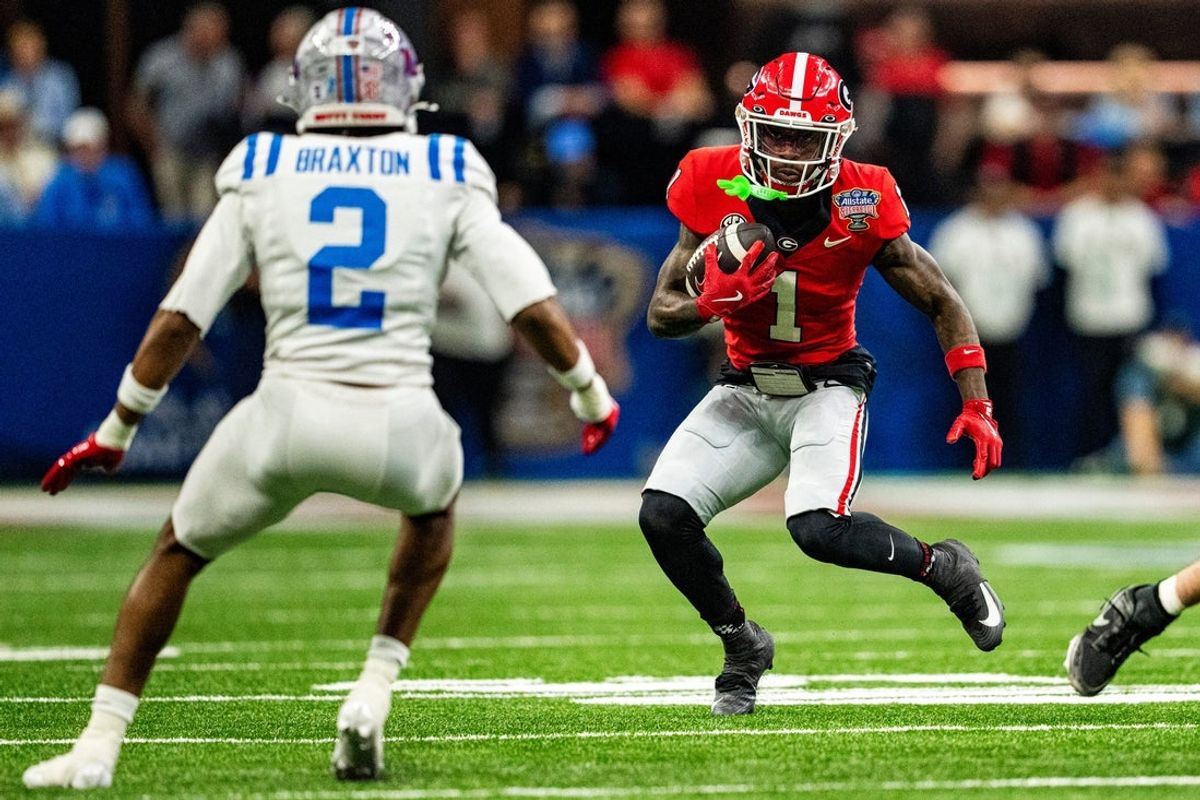 Georgia wide receiver Zachariah Branch (1) carries the ball during the Sugar Bowl and College Football Playoff quarterfinals at Caesars Superdome in New Orleans, La., on Thursday, Jan. 1, 2026.