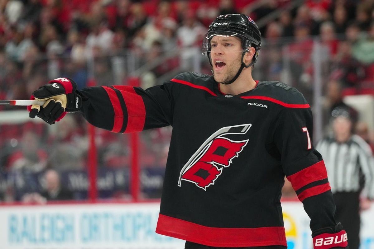 Jan 1, 2026; Raleigh, North Carolina, USA;  Carolina Hurricanes left wing Taylor Hall (71) reacts against the Montréal Canadiens during the third period at Lenovo Center. Mandatory Credit: James Guillory-Imagn Images