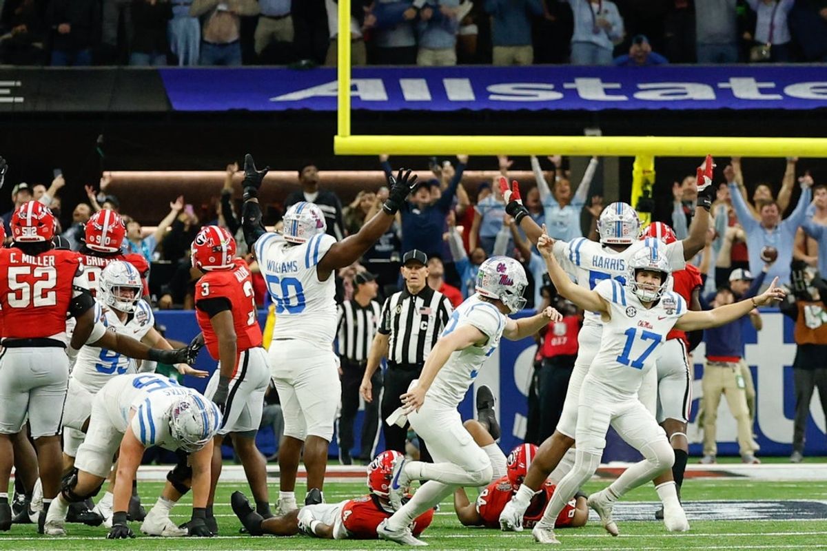 Jan 1, 2026; New Orleans, LA, USA; Mississippi Rebels kicker Lucas Carneiro (17) celebrates after kicking a field goal against the Georgia Bulldogs in the fourth quarter during the 2025 Sugar Bowl and quarterfinal game of the College Football Playoff at Caesars Superdome. Mandatory Credit: Geoff Burke-Imagn Images