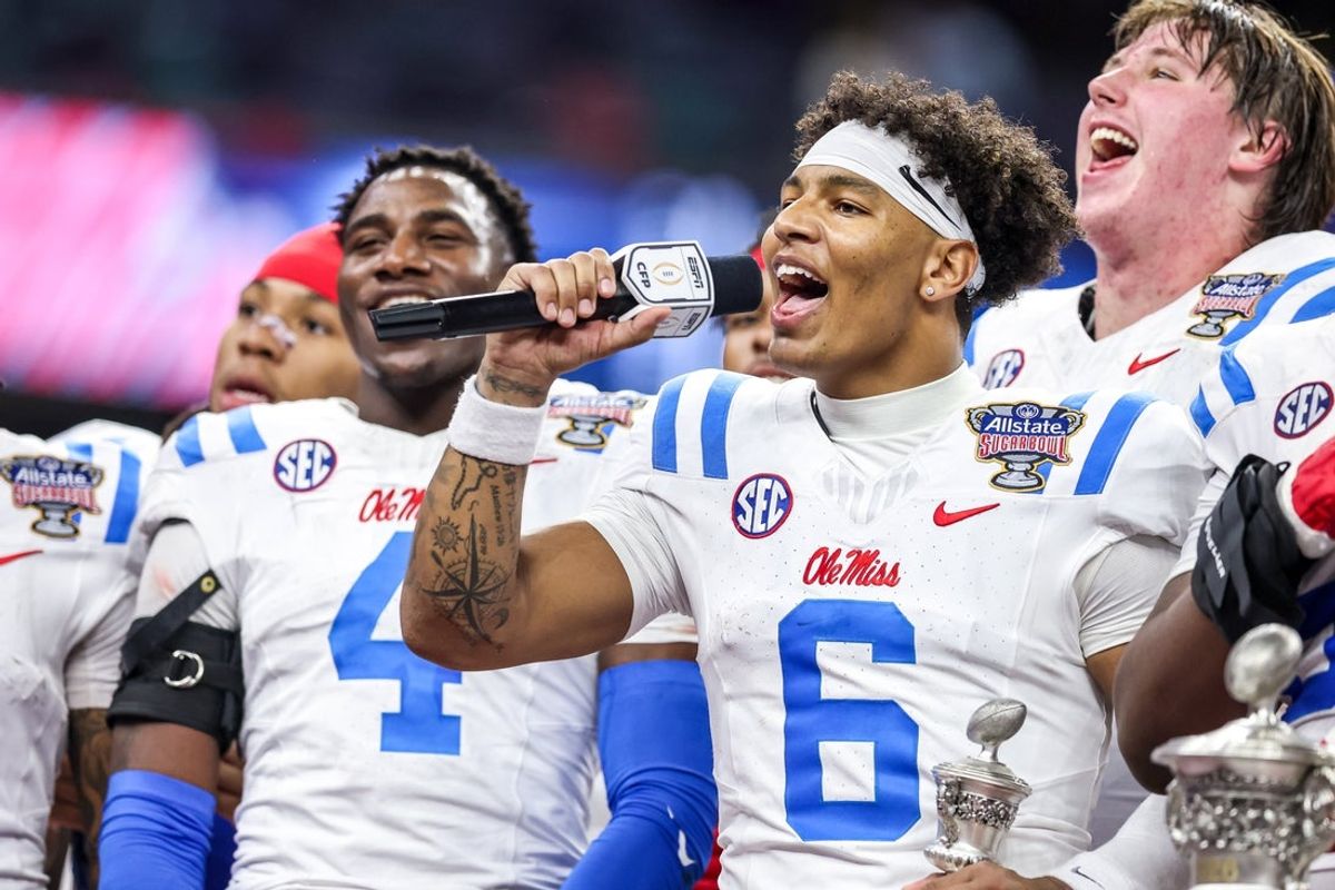 Jan 1, 2026; New Orleans, LA, USA; Mississippi Rebels quarterback Trinidad Chambliss (6) speaks to the crowd after the 2025 Sugar Bowl and quarterfinal game of the College Football Playoff against the Georgia Bulldogs at Caesars Superdome. Mandatory Credit: Stephen Lew-Imagn Images
