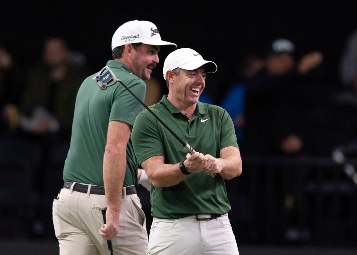 Rory McIlroy, right, and Keegan Bradley of Boston Common Golf laugh before their match against Los Angeles Golf Club at SoFi Center on January 2, 2026, in Palm Beach Gardens, Florida.