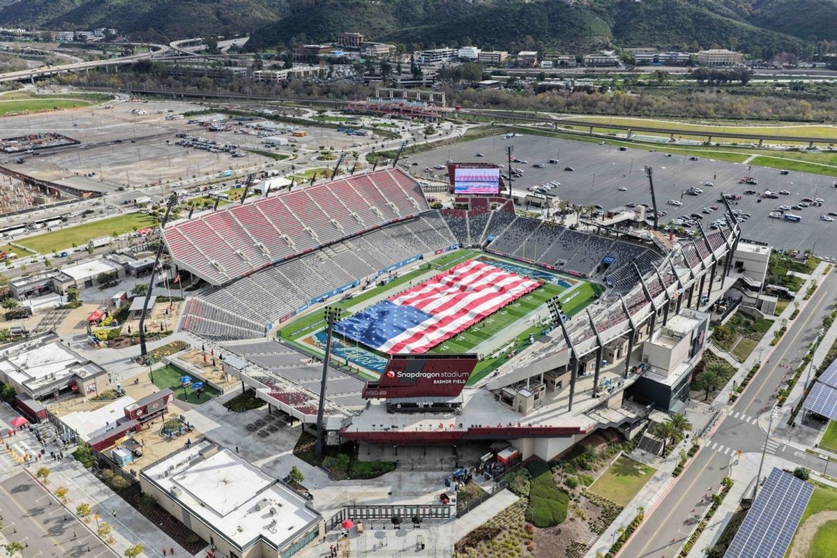Jan 2, 2026; San Diego, CA, USA; A general overall aerial view of a United States flag on the field at Snapdragon Stadium during the Holiday Bowl between the Arizona Wildcats at SMU Mustangs. Mandatory Credit: Kirby Lee-Imagn Images