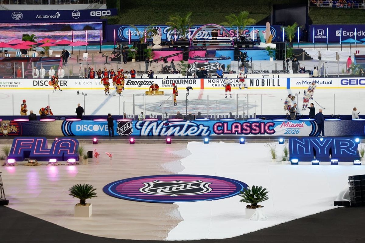 Jan 2, 2026; Miami, Florida, USA; A general view inside the stadium as the Florida Panthers and New York Rangers warm up prior to the 2026 Winter Classic ice hockey game at loanDepot Park. Mandatory Credit: Rhona Wise-Imagn Images