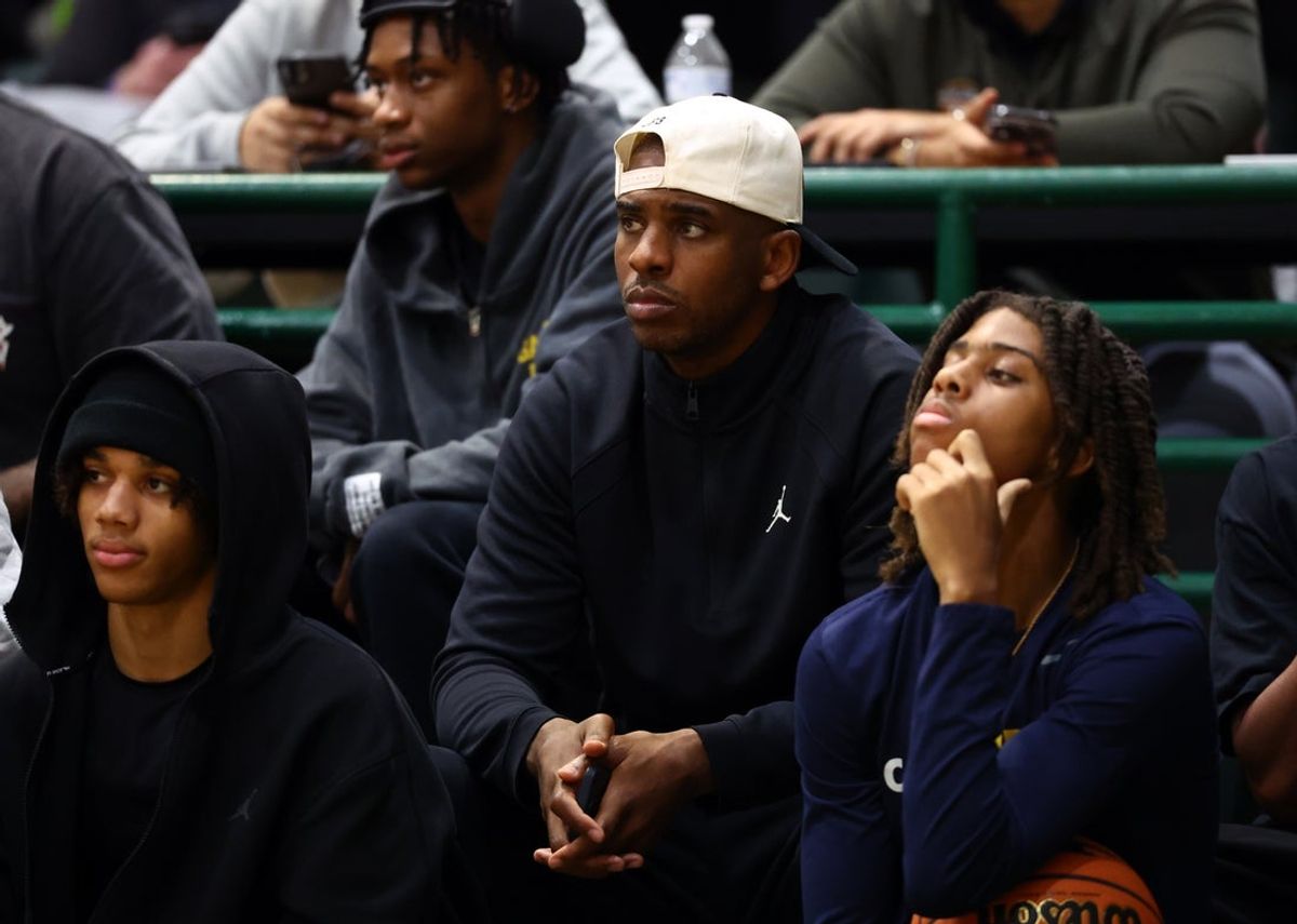 Jan 2, 2026; Mesa, AZ, USA; Chris Paul in attendance during the HoopHall West Tournament at Skyline High School. Mandatory Credit: Mark J. Rebilas-Imagn Images