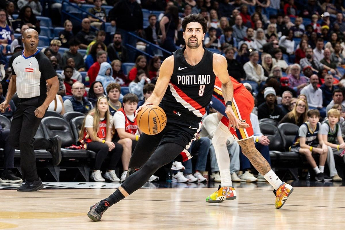 Jan 2, 2026; New Orleans, Louisiana, USA;  Portland Trail Blazers forward Deni Avdija (8) dribbles against the New Orleans Pelicans during the first half at Smoothie King Center. Mandatory Credit: Stephen Lew-Imagn Images