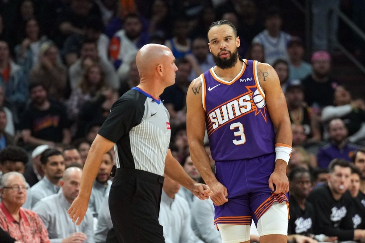 Jan 2, 2026; Phoenix, Arizona, USA; Phoenix Suns forward Dillon Brooks (3) reacts after being issued a technical foul during the first half against the Sacramento Kings at Mortgage Matchup Center. Mandatory Credit: Joe Camporeale-Imagn Images