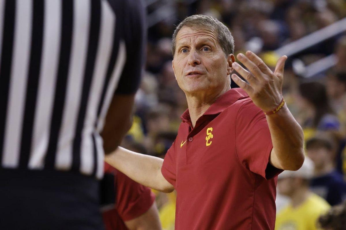 Jan 2, 2026; Ann Arbor, Michigan, USA;  Southern California Trojans head coach Eric Musselman reacts in the first half against the Michigan Wolverines at Crisler Center. Mandatory Credit: Rick Osentoski-Imagn Images