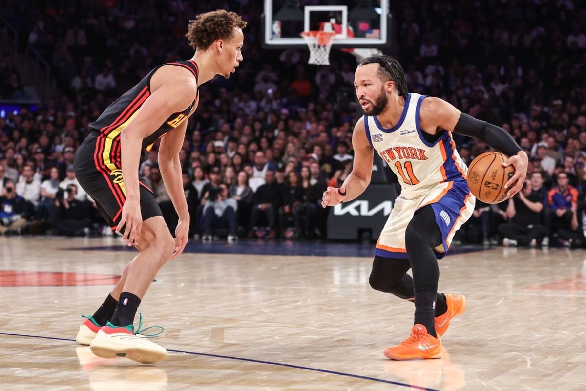 Jan 2, 2026; New York, New York, USA;  New York Knicks guard Jalen Brunson (11) looks to drive past Atlanta Hawks guard Dyson Daniels (5) in the second quarter at Madison Square Garden. Mandatory Credit: Wendell Cruz-Imagn Images