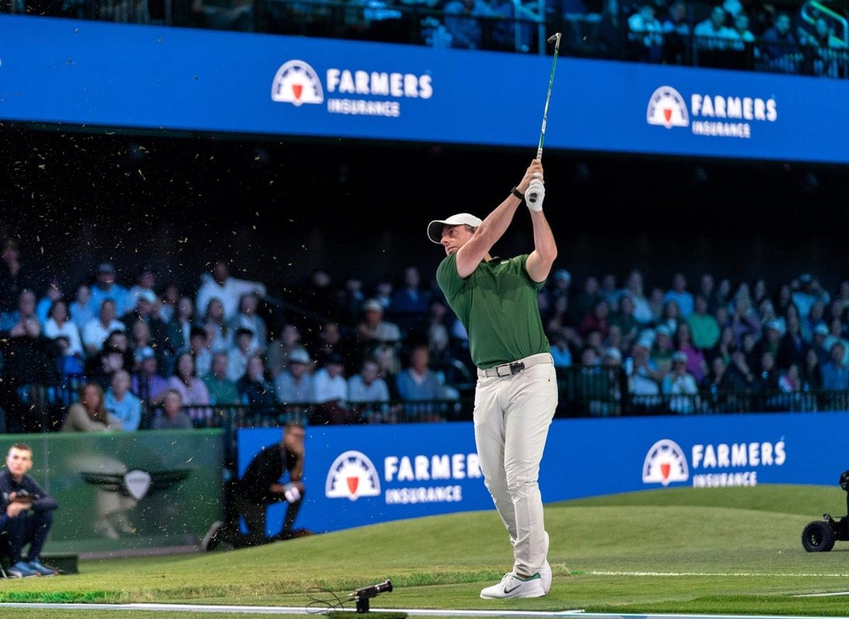 Rory McIlroy of Boston Common Golf tees off against Los Angeles Golf Club at SoFi Center on January 2, 2026, in Palm Beach Gardens, Florida.