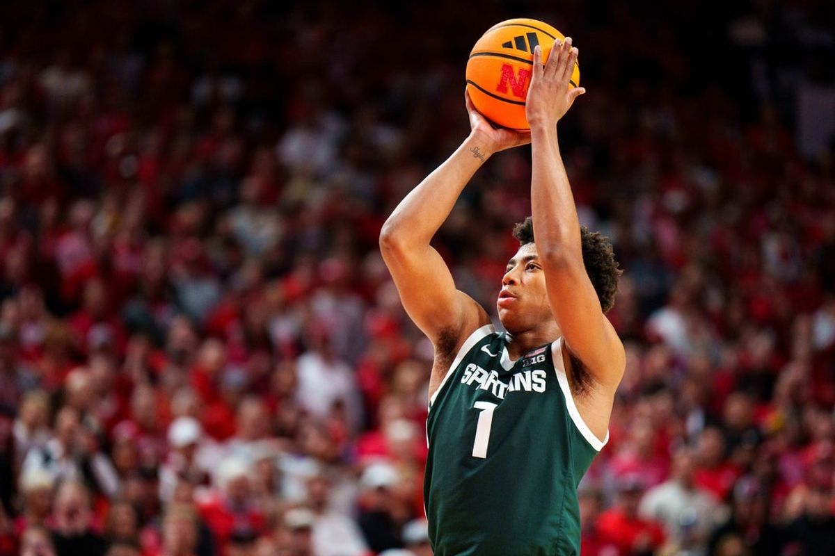 Jan 2, 2026; Lincoln, Nebraska, USA; Michigan State Spartans guard Jeremy Fears Jr. (1) shoots a free throw against the Nebraska Cornhuskers during the second half at Pinnacle Bank Arena. Mandatory Credit: Dylan Widger-Imagn Images