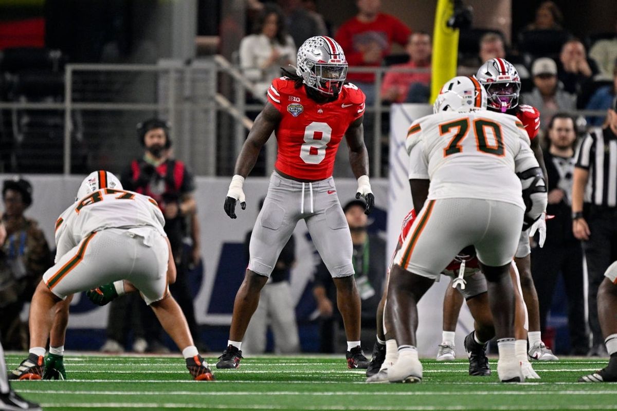 Dec 31, 2025; Arlington, TX, USA; Ohio State Buckeyes linebacker Arvell Reese (8) gets into position during the 2025 Cotton Bowl and quarterfinal game of the College Football Playoff at AT&T Stadium. Mandatory Credit: Jerome Miron-Imagn Images