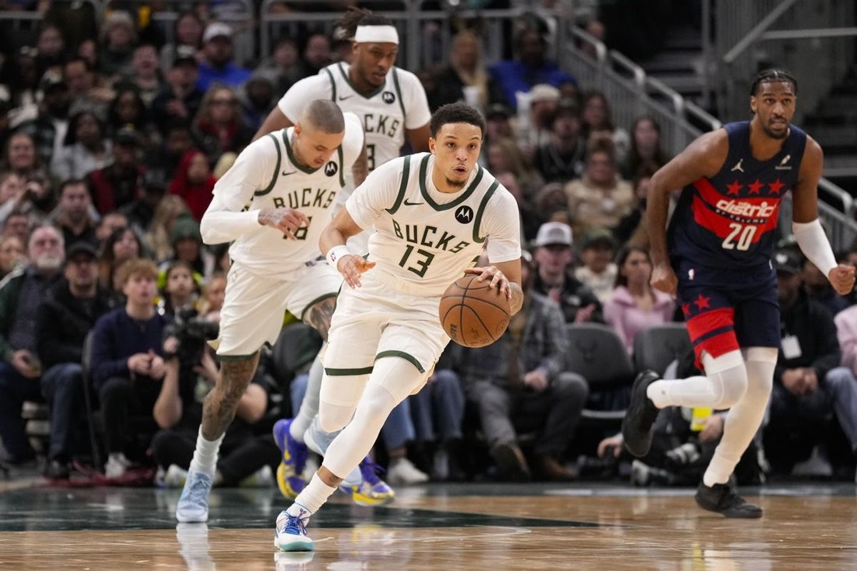 Dec 31, 2025; Milwaukee, Wisconsin, USA;  Milwaukee Bucks guard Ryan Rollins (13) during the game against the Washington Wizards at Fiserv Forum. Mandatory Credit: Jeff Hanisch-Imagn Images