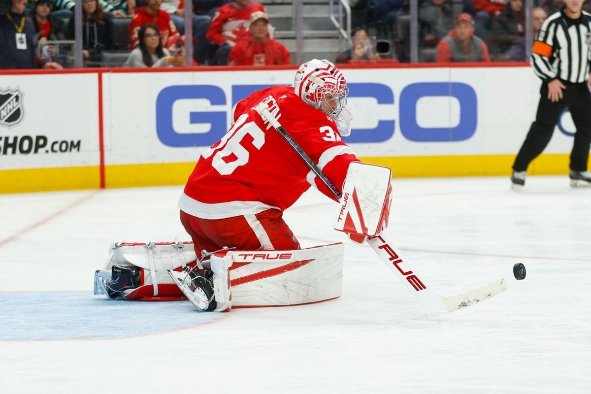Jan 3, 2026; Detroit, Michigan, USA; Detroit Red Wings goaltender John Gibson (36) makes a save during the third period against the Pittsburgh Penguins at Little Caesars Arena. Mandatory Credit: Brian Bradshaw Sevald-Imagn Images
