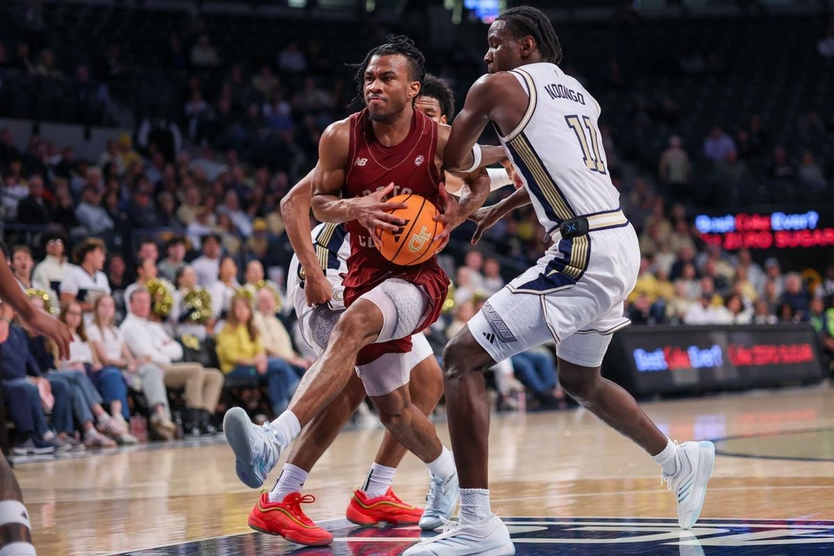 Jan 3, 2026; Atlanta, Georgia, USA; Boston College Eagles guard Donald Hand Jr. (13) drives to the basket against the Georgia Tech Yellow Jackets in the first half at McCamish Pavilion. Mandatory Credit: Brett Davis-Imagn Images