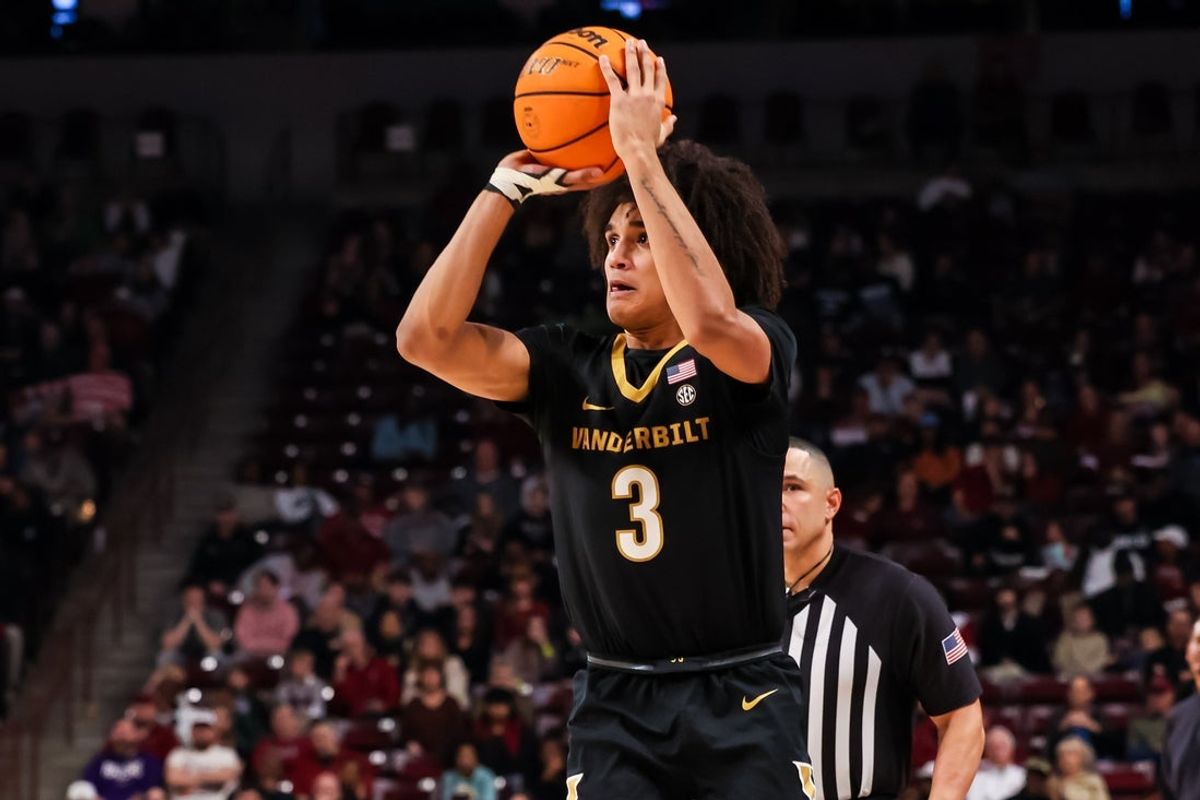 Jan 3, 2026; Columbia, South Carolina, USA; Vanderbilt Commodores guard Tyler Tanner (3) attempts a three point basket against the South Carolina Gamecocks in the second half at Colonial Life Arena. Mandatory Credit: Jeff Blake-Imagn Images