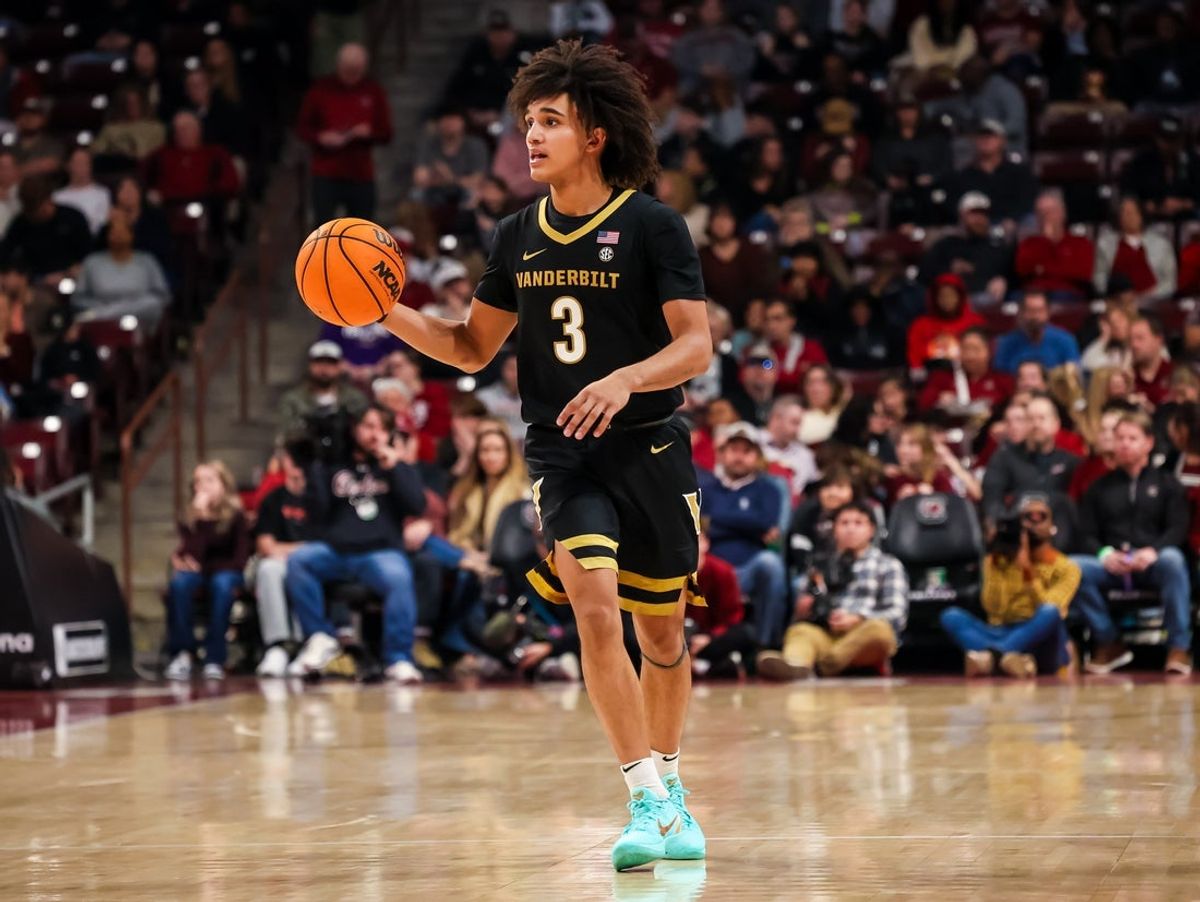 Jan 3, 2026; Columbia, South Carolina, USA; Vanderbilt Commodores guard Tyler Tanner (3) brings the ball up against the South Carolina Gamecocks in the second half at Colonial Life Arena. Mandatory Credit: Jeff Blake-Imagn Images