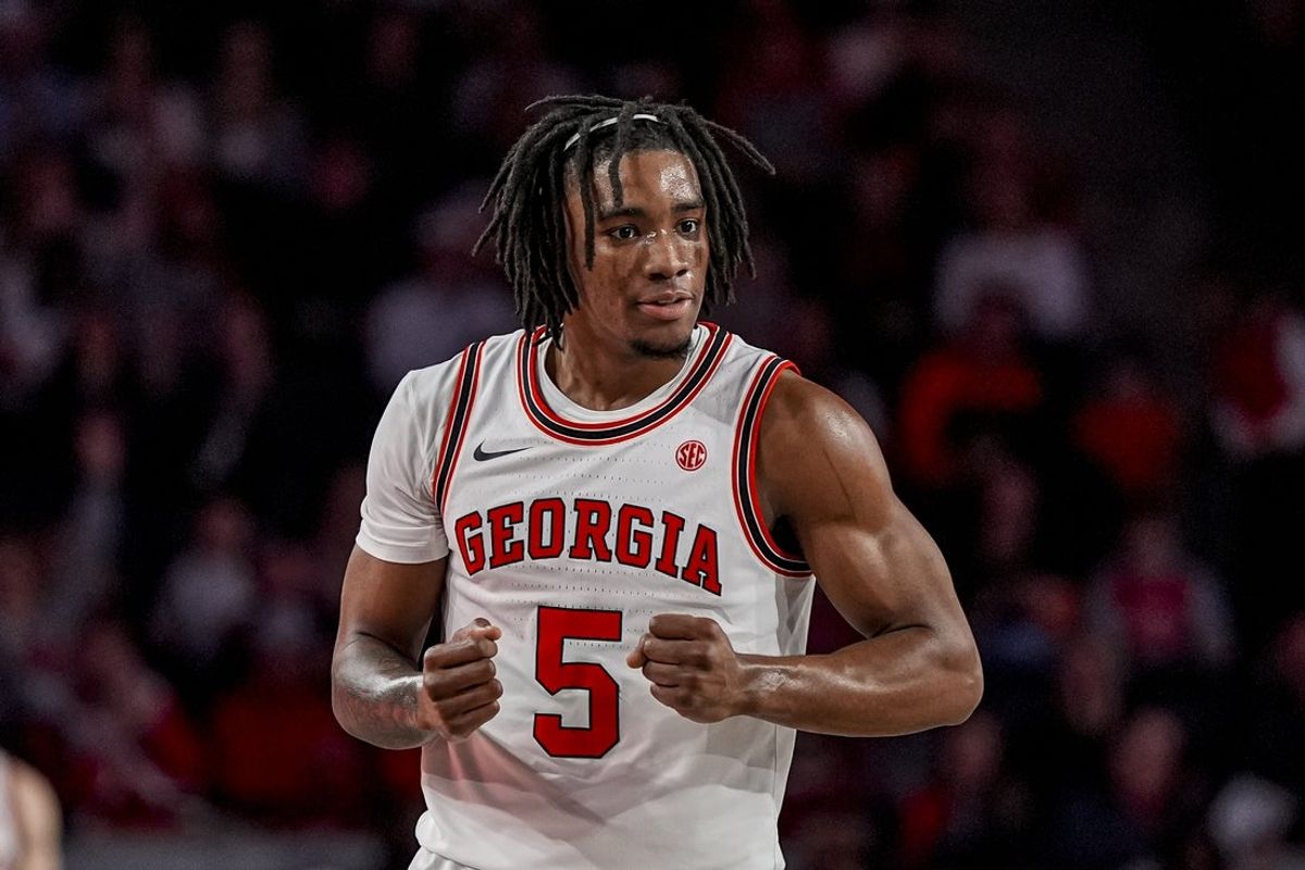 Jan 3, 2026; Athens, Georgia, USA; Georgia Bulldogs guard Jeremiah Wilkinson (5) reacts after a play against the Auburn Tigers during the first half at Stegeman Coliseum. Mandatory Credit: Dale Zanine-Imagn Images