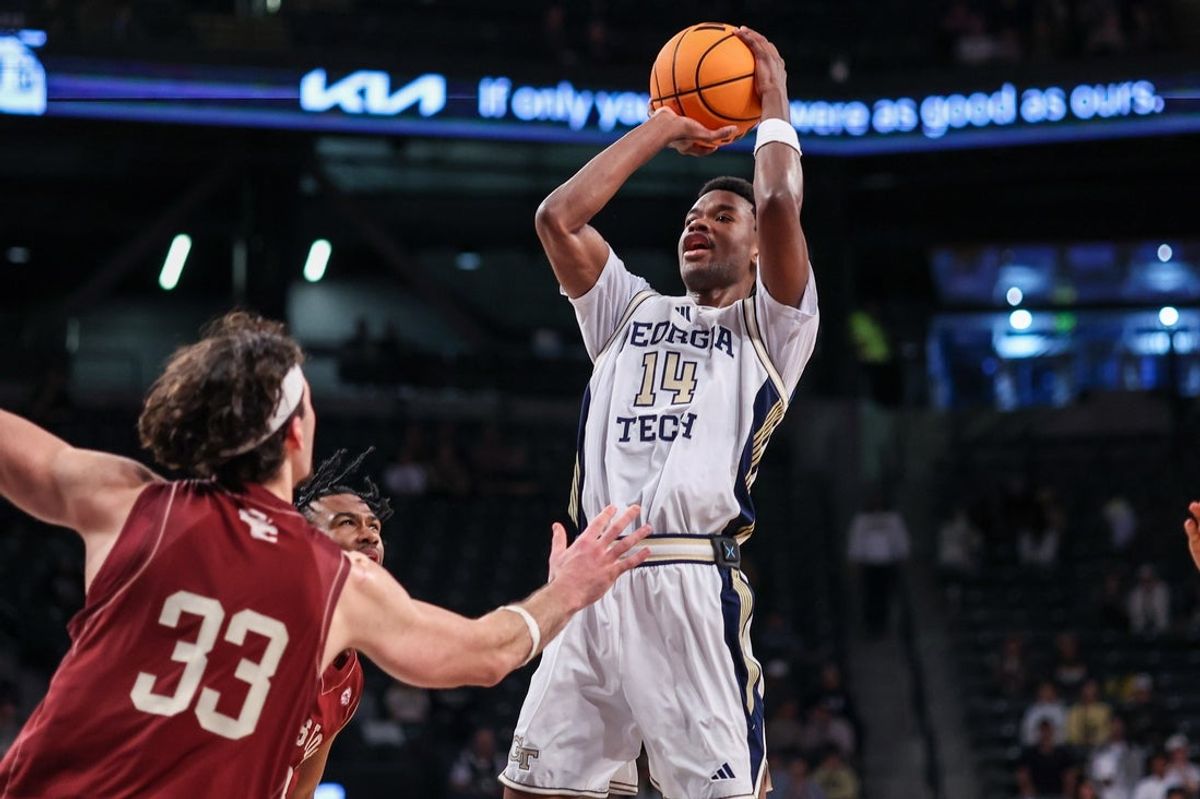Jan 3, 2026; Atlanta, Georgia, USA; Georgia Tech Yellow Jackets forward Kowacie Reeves Jr. (14) shoots against the Boston College Eagles in the second half at McCamish Pavilion. Mandatory Credit: Brett Davis-Imagn Images
