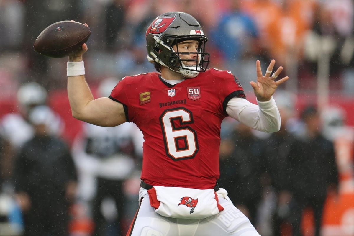 Jan 3, 2026; Tampa, Florida, USA; Tampa Bay Buccaneers quarterback Baker Mayfield (6) throws a pass against the Carolina Panthers in the first half at Raymond James Stadium. Mandatory Credit: Nathan Ray Seebeck-Imagn Images