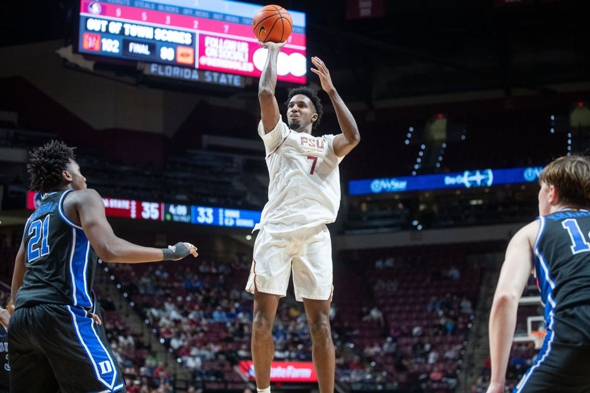 Florida State Seminoles forward Chauncey Wiggins (7) shoots for three. The Duke Blue Devils defeated the Florida State Seminoles 91-87 at the Tucker Civic Center on Saturday, Jan. 3, 2026.