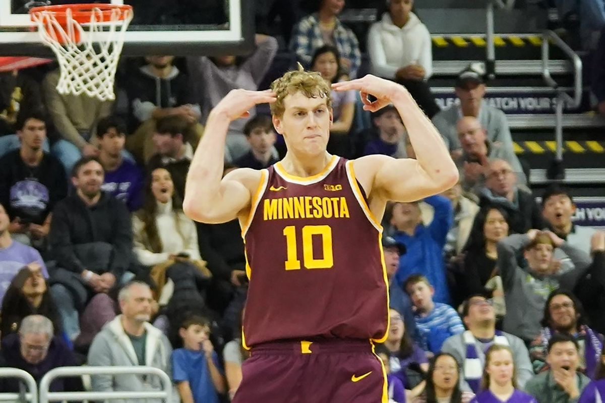 Jan 3, 2026; Evanston, Illinois, USA; Minnesota Golden Gophers forward Cade Tyson (10) gestures after making a three-point basket against the Northwestern Wildcats during the second half at Welsh-Ryan Arena. Mandatory Credit: David Banks-Imagn Images