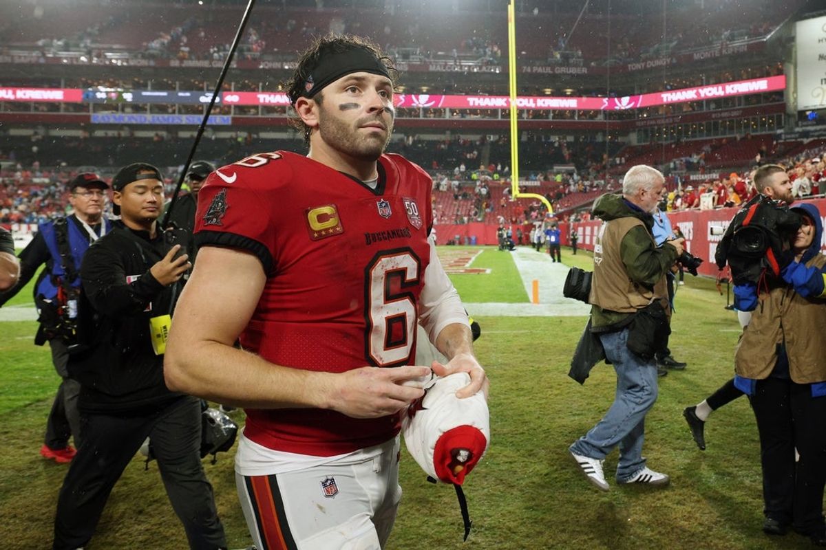 Jan 3, 2026; Tampa, Florida, USA; Tampa Bay Buccaneers quarterback Baker Mayfield (6) leaves the field after defeating the Carolina Panthers at Raymond James Stadium. Mandatory Credit: Nathan Ray Seebeck-Imagn Images