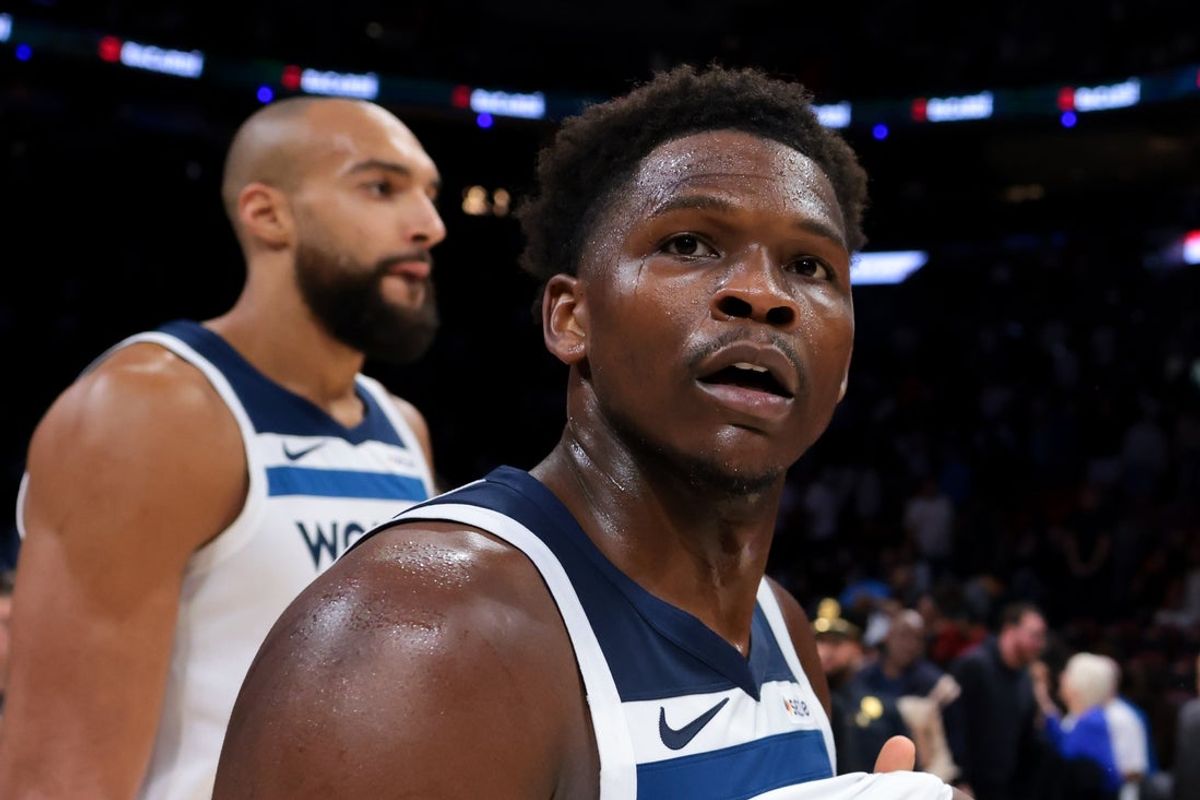 Jan 3, 2026; Miami, Florida, USA; Minnesota Timberwolves guard Anthony Edwards (5) looks on after the game against the Miami Heat at Kaseya Center. Mandatory Credit: Sam Navarro-Imagn Images