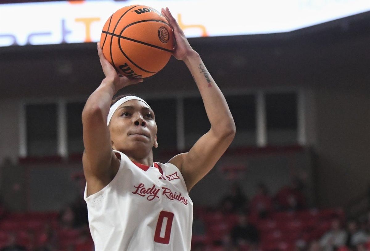 Texas Tech's Snudda Collins shoots against Arizona in a Big 12 women's basketball game Saturday, Jan. 3, 2026, at United Supermarkets Arena.