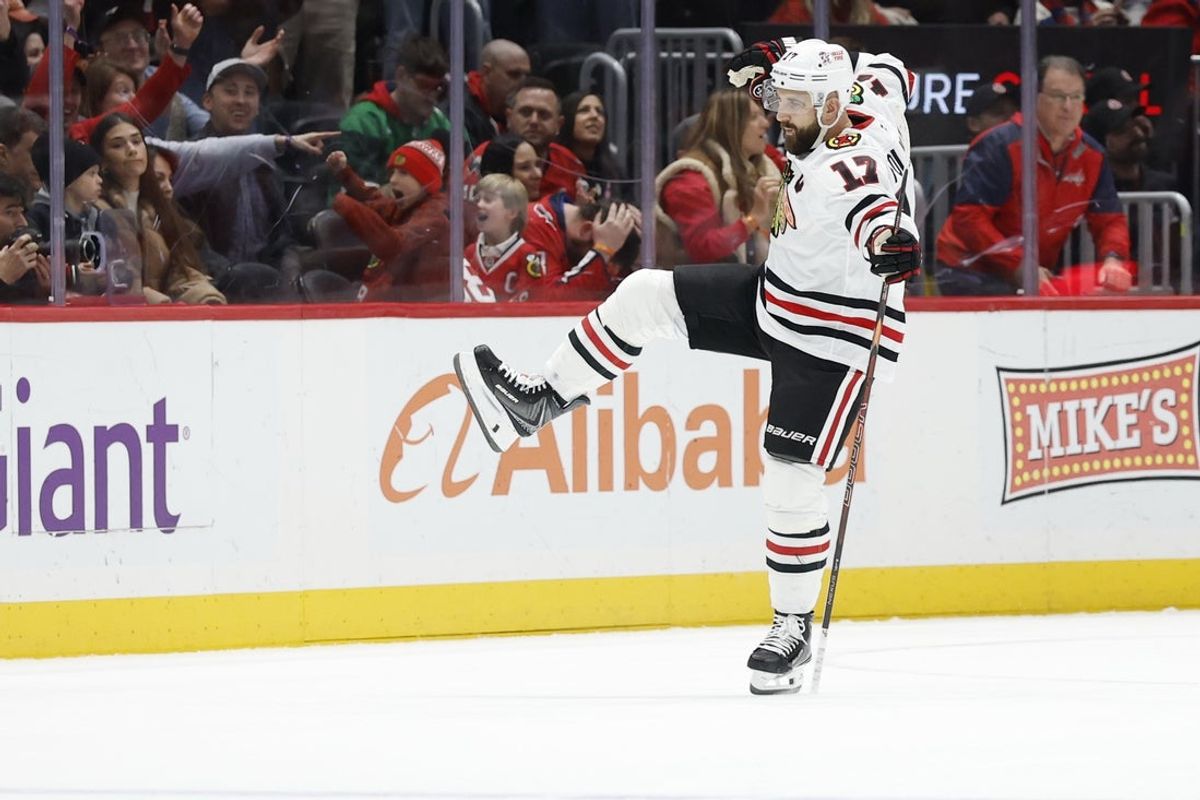 Jan 3, 2026; Washington, District of Columbia, USA; Chicago Blackhawks left wing Nick Foligno (17) celebrates after scoring the game winning goal against the Washington Capitals in a shootout at Capital One Arena. Mandatory Credit: Geoff Burke-Imagn Images