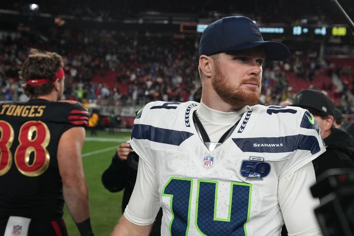 Jan 3, 2026; Santa Clara, California, USA; Seattle Seahawks quarterback Sam Darnold (14) reacts after the game at Levi's Stadium. Mandatory Credit: Neville E. Guard-Imagn Images