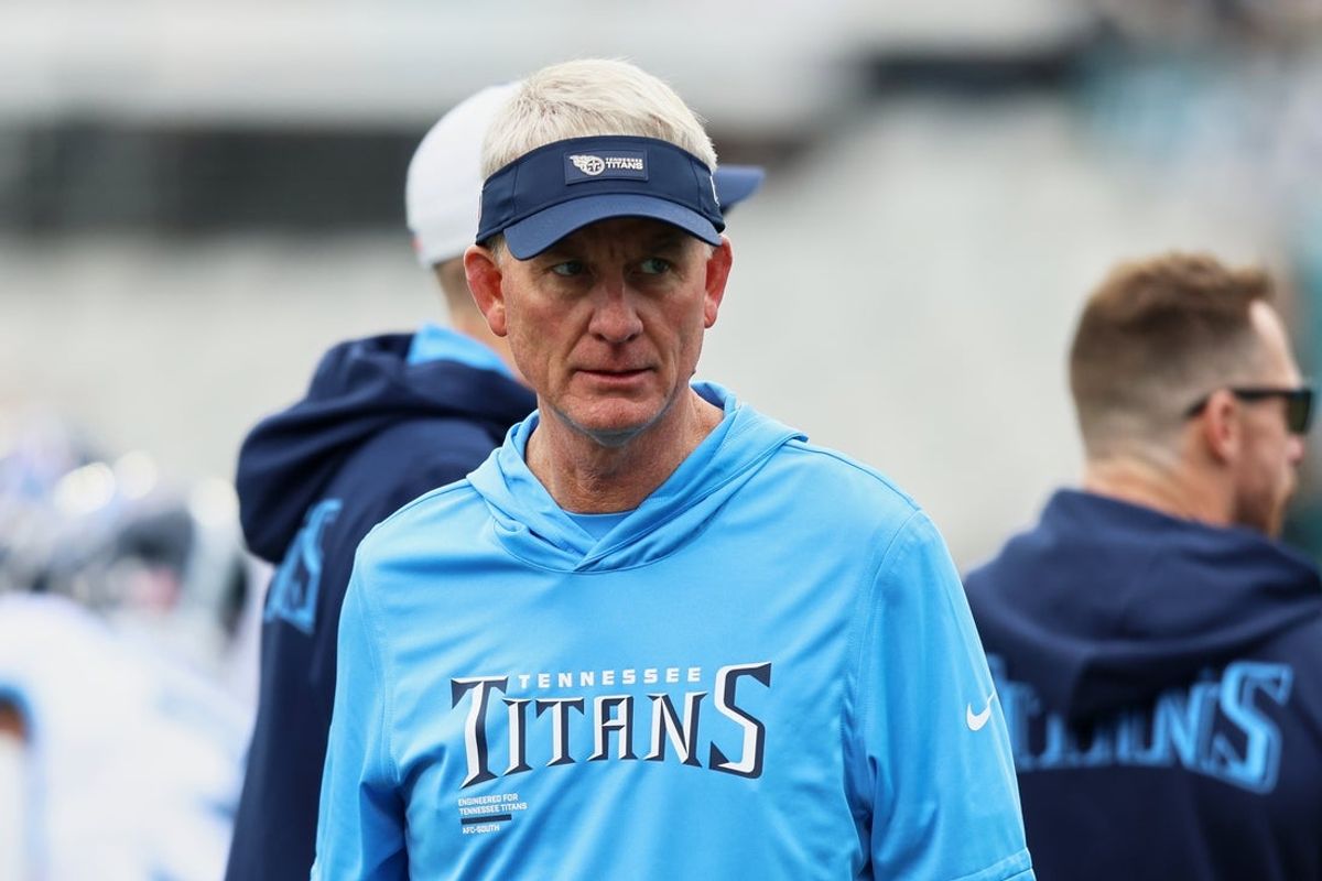 Jan 4, 2026; Jacksonville, Florida, USA; Tennessee Titans interim head coach Mike McCoy looks on before the game against the Jacksonville Jaguars at EverBank Stadium. Mandatory Credit: Morgan Tencza-Imagn Images