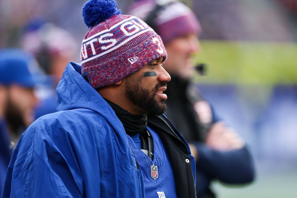 Jan 4, 2026; East Rutherford, New Jersey, USA; New York Giants quarterback Russell Wilson (3) looks on from the sideline during the first quarter against the Dallas Cowboys at MetLife Stadium. Mandatory Credit: Vincent Carchietta-Imagn Images