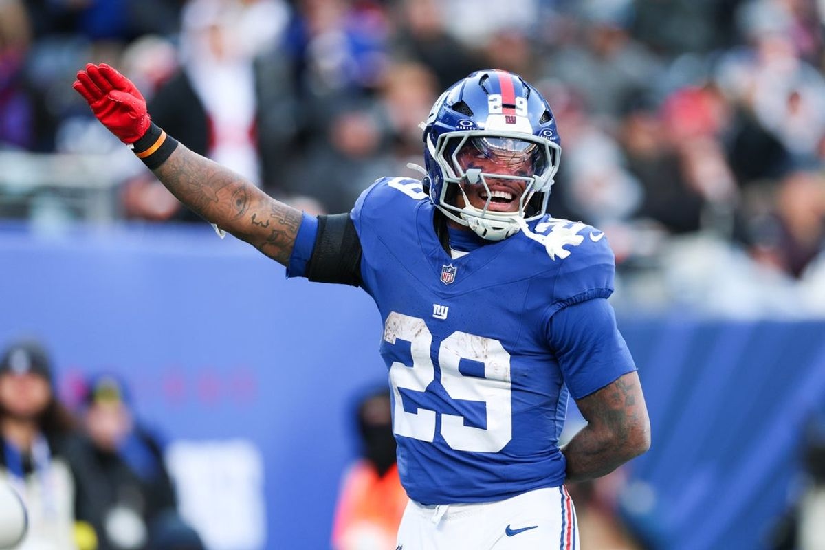 Jan 4, 2026; East Rutherford, New Jersey, USA;  New York Giants running back Tyrone Tracy Jr. (29) celebrates after scoring a touchdown during the third quarter against the Dallas Cowboys at MetLife Stadium. Mandatory Credit: Vincent Carchietta-Imagn Images