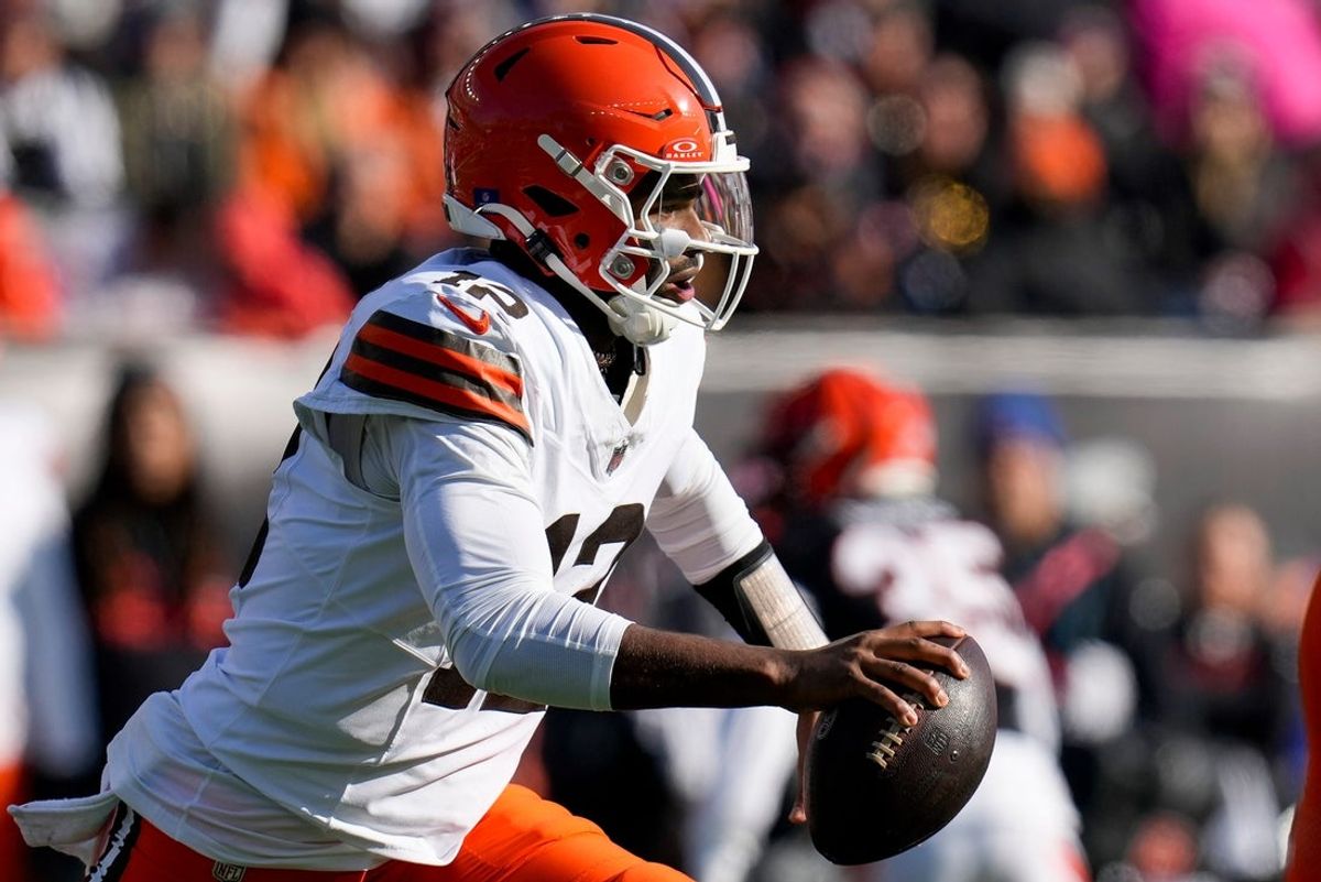 Cleveland Browns quarterback Shedeur Sanders (12) scrambles in the first quarter of the NFL Week 18 game between the Cincinnati Bengals and the Cleveland Browns at Paycor Stadium in Downtown Cincinnati on Sunday, Jan. 4, 2026.