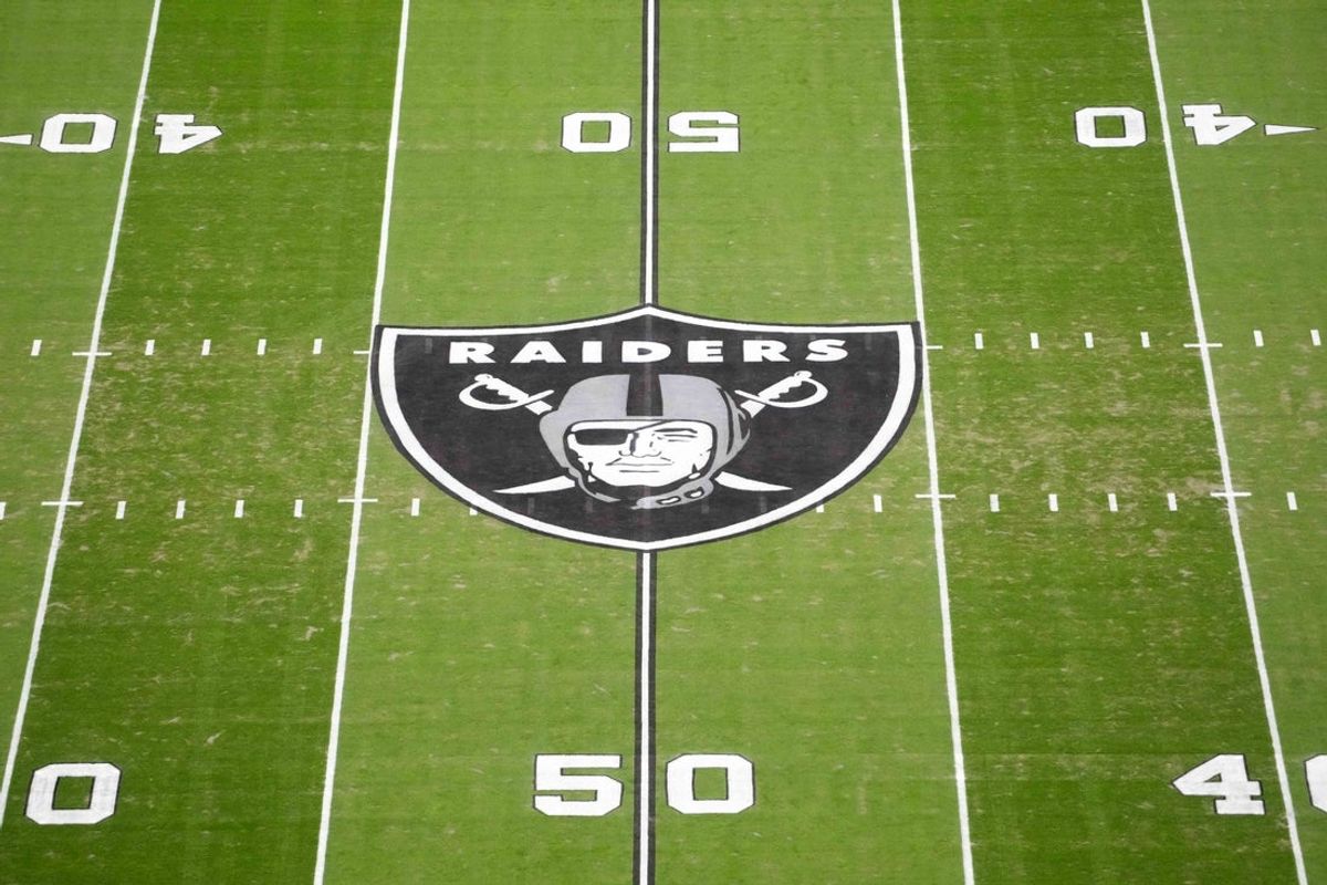 Jan 4, 2026; Paradise, Nevada, USA; The Las Vegas Raiders shield logo at midfield at Allegiant Stadium. Mandatory Credit: Kirby Lee-Imagn Images