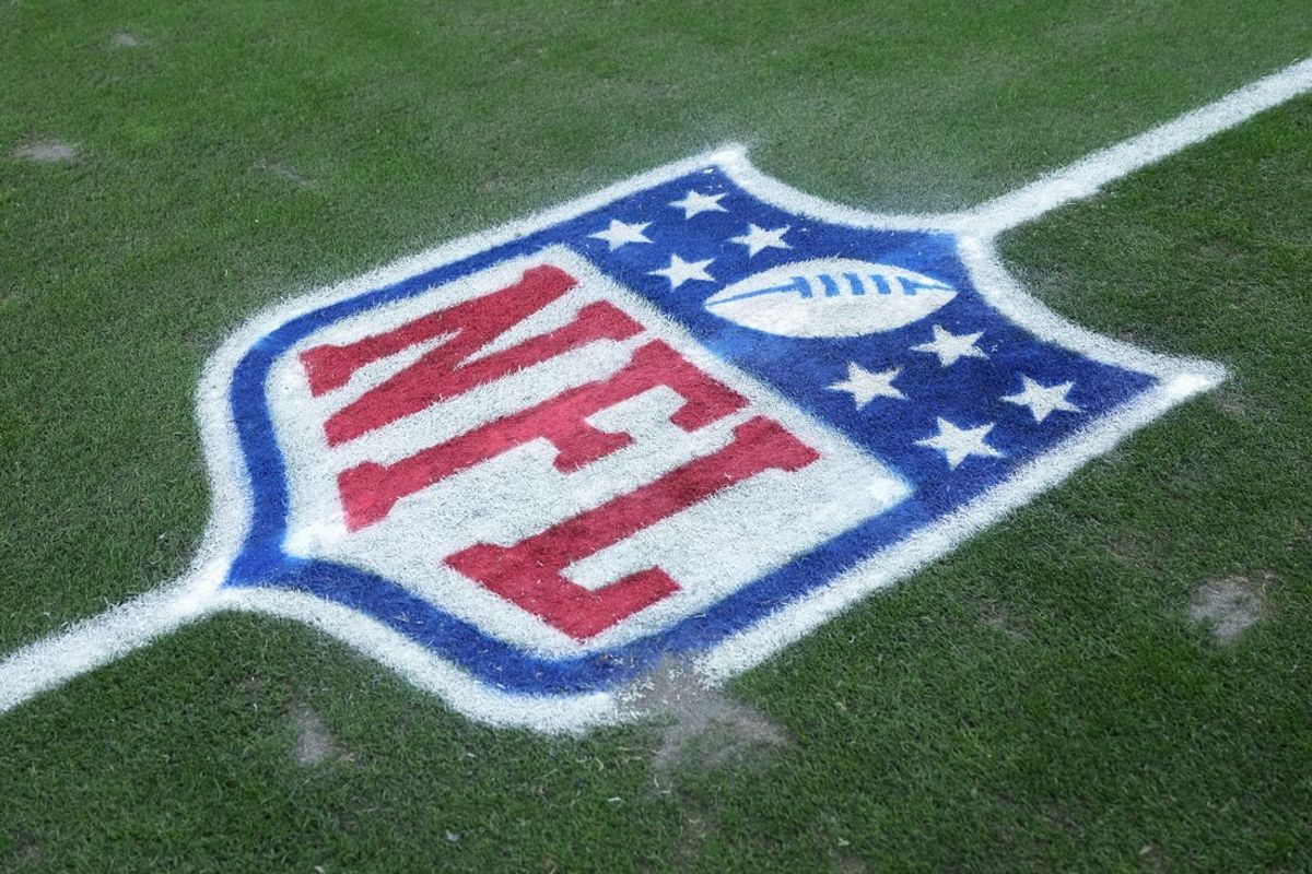 Jan 4, 2026; Paradise, Nevada, USA; The NFL shield logo on the field at Allegiant Stadium. Mandatory Credit: Kirby Lee-Imagn Images