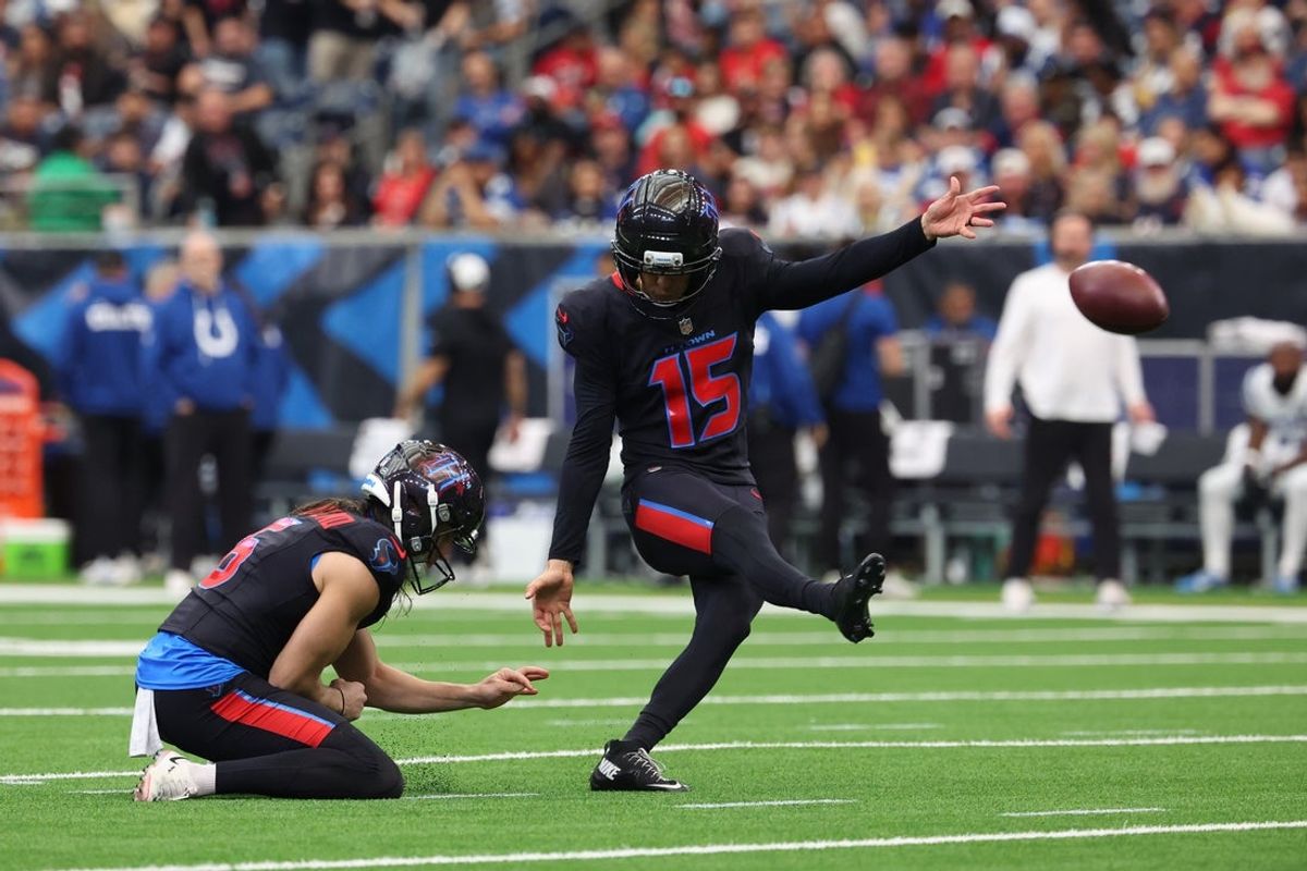 Jan 4, 2026; Houston, Texas, USA;  Houston Texans place kicker Ka'imi Fairbairn (15) kicks a field goal against the Indianapolis Colts during the second half at NRG Stadium. Mandatory Credit: Thomas Shea-Imagn Images