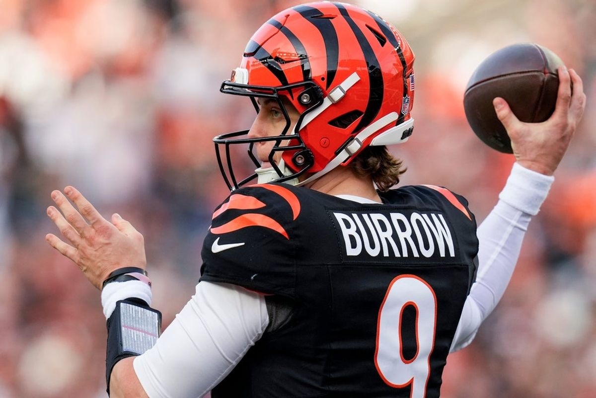 Cincinnati Bengals quarterback Joe Burrow (9) throws a pass in the fourth quarter of the NFL Week 18 game between the Cincinnati Bengals and the Cleveland Browns at Paycor Stadium in Downtown Cincinnati on Sunday, Jan. 4, 2026. The Browns kicked a last second field goal to win 20-18.