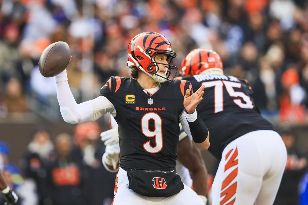 Jan 4, 2026; Cincinnati, Ohio, USA; Cincinnati Bengals quarterback Joe Burrow (9) looks to pass against the Cleveland Browns during the second half at Paycor Stadium. Mandatory Credit: Katie Stratman-Imagn Images