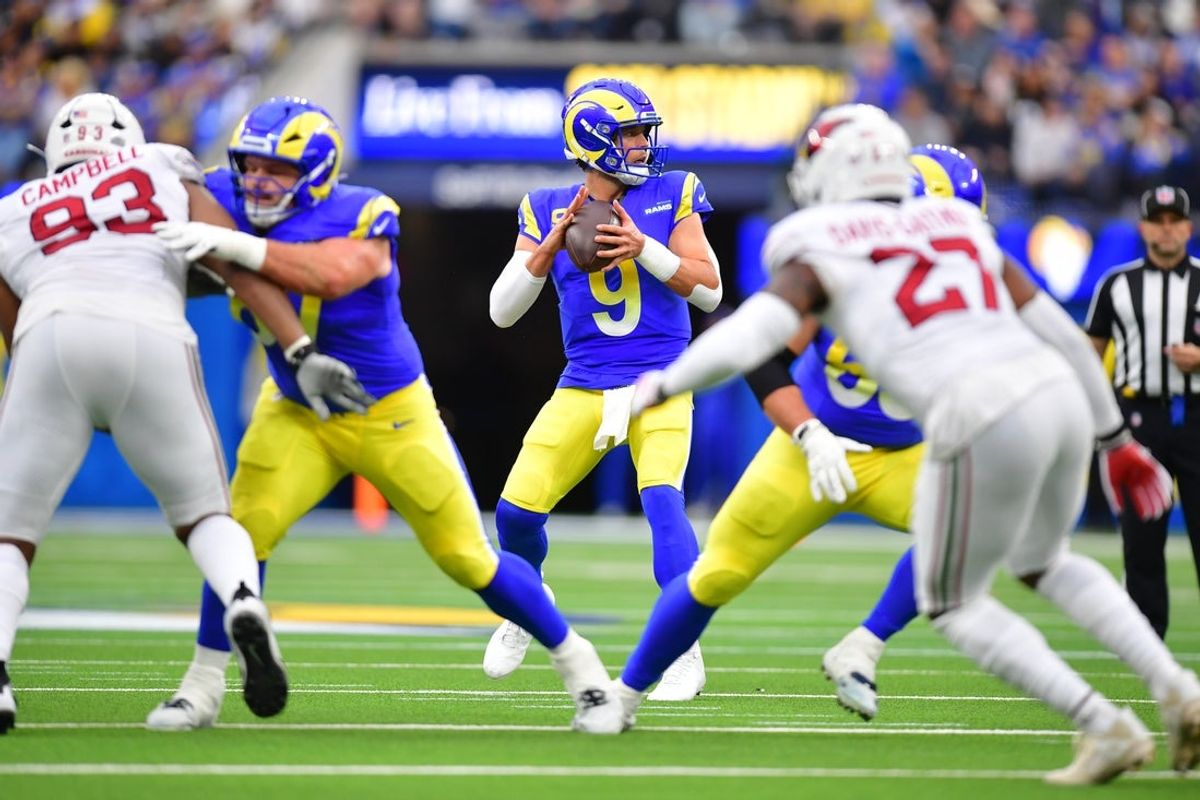 Jan 4, 2026; Inglewood, California, USA;  Los Angeles Rams quarterback Matthew Stafford (9) stands in the pocket against the Arizona Cardinals during the first half at SoFi Stadium. Mandatory Credit: Gary A. Vasquez-Imagn Images
