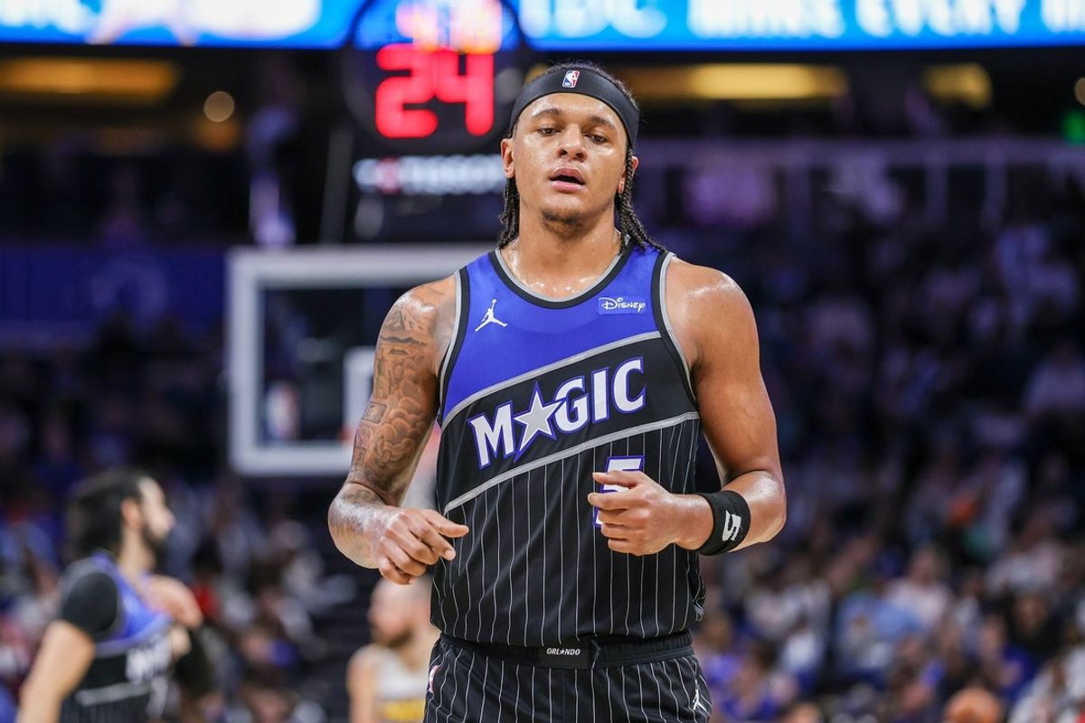 Jan 4, 2026; Orlando, Florida, USA; Orlando Magic forward Paolo Banchero (5) during the second half against the Indiana Pacers at Kia Center. Mandatory Credit: Mike Watters-Imagn Images