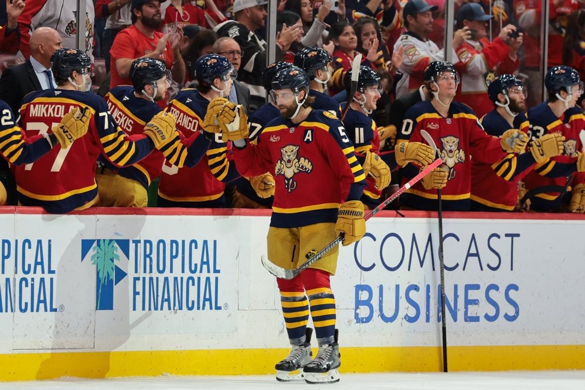 Jan 4, 2026; Sunrise, Florida, USA; Florida Panthers defenseman Aaron Ekblad (5) celebrates after scoring against the Colorado Avalanche during the second period at Amerant Bank Arena. Mandatory Credit: Sam Navarro-Imagn Images