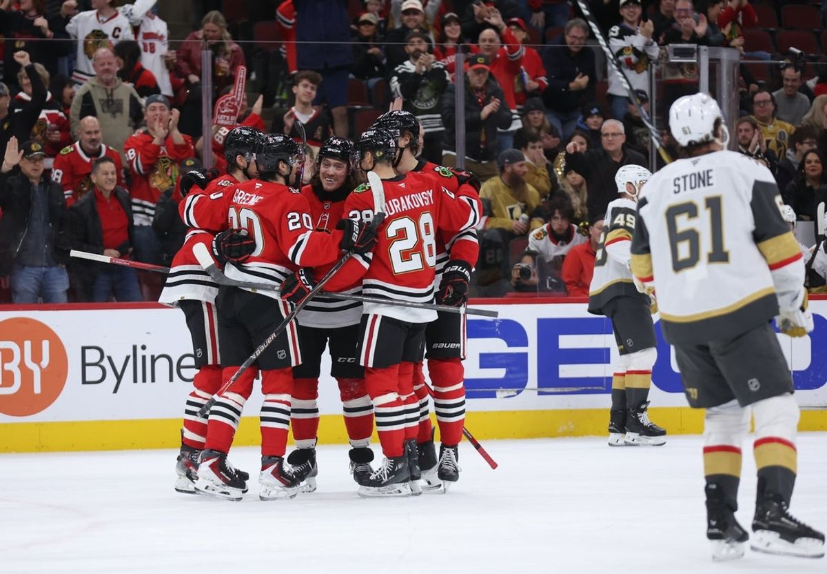Jan 4, 2026; Chicago, Illinois, USA; The Chicago Blackhawks celebrate a first period goal by left wing Tyler Bertuzzi (59) against the Vegas Golden Knights at United Center. Mandatory Credit: Talia Sprague-Imagn Images