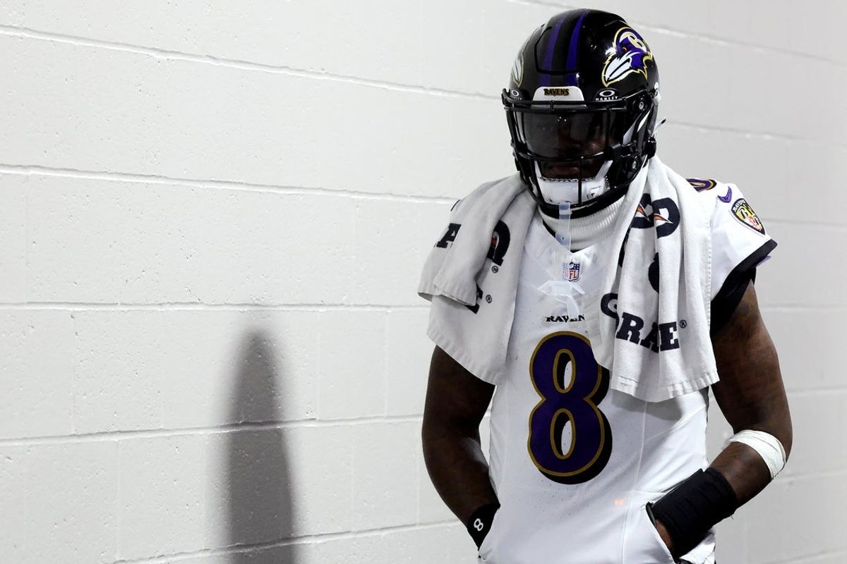 Jan 4, 2026; Pittsburgh, Pennsylvania, USA;  Baltimore Ravens quarterback Lamar Jackson (8) walks to the field to play the Pittsburgh Steelers at Acrisure Stadium. Mandatory Credit: Charles LeClaire-Imagn Images