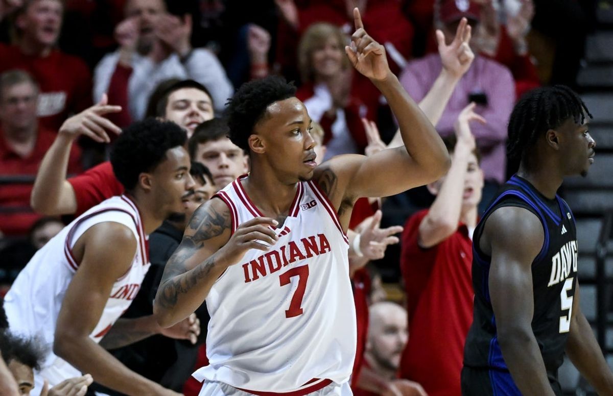 Jan 4, 2026; Bloomington, Indiana, USA; Indiana Hoosiers guard Nick Dorn (7) celebrates after making a shot against the Washington Huskies during the second half at Simon Skjodt Assembly Hall. Mandatory Credit: Robert Goddin-Imagn Images