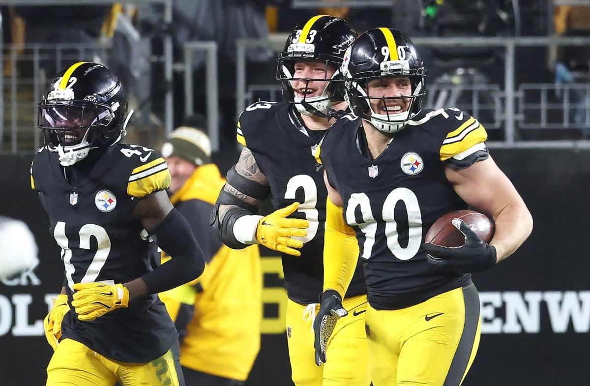 Jan 4, 2026; Pittsburgh, Pennsylvania, USA; Pittsburgh Steelers linebacker T.J. Watt (90) reacts after an interception against the Baltimore Ravens during the second half at Acrisure Stadium. Mandatory Credit: Charles LeClaire-Imagn Images