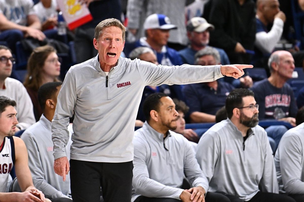 Jan 4, 2026; Spokane, Washington, USA; Gonzaga Bulldogs head coach Mark Few reacts after a play against the Loyola Marymount Lions in the second half at McCarthey Athletic Center. Mandatory Credit: James Snook-Imagn Images