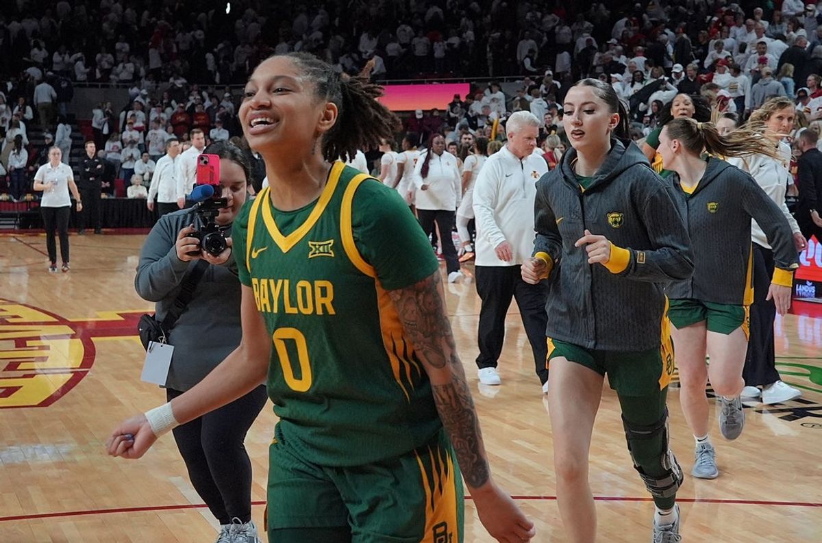 Baylor Bears guard Taliah Scott (0) celebrates after winning 72-70 over Iowa State in the Big-12 women’s basketball on Jan. 4, 2026, at Hilton Coliseum in Ames, Iowa.