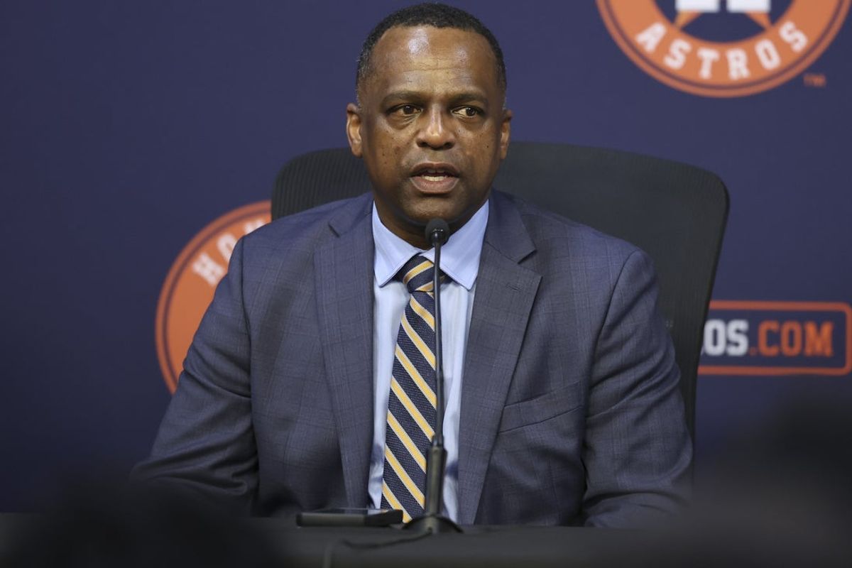 Jan 5, 2026; Houston, TX, USA; Houston Astros general manager Dana Brown speaks at a press conference  to introduce Japanese pitcher Tatsuya Imai at Daikin Park. Mandatory Credit: Troy Taormina-Imagn Images